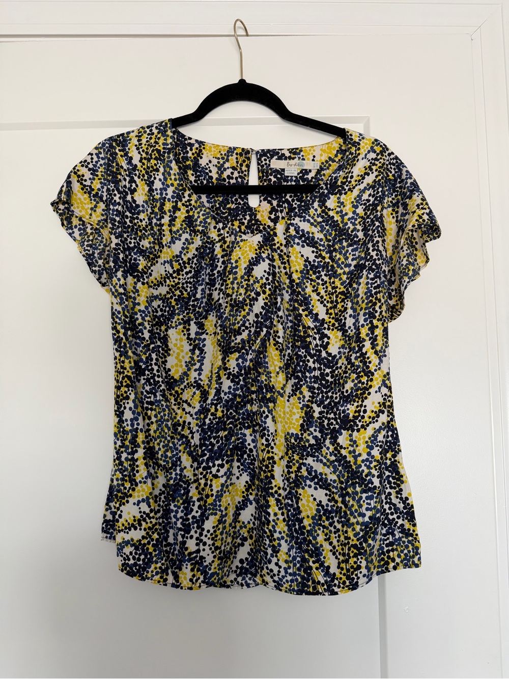 Boden Blue Yellow Abstract Floral Print Blouse Short Sleeve Top Size 6 Like New